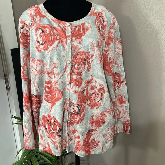 ST JOHN pink and silver rose print  button down cardigan wool lurex Women’s XL - Picture 2 of 14
